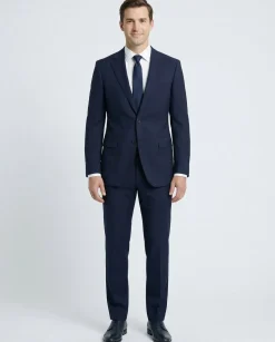 Centrion Mens Solid Navy Blue Fine Textured Weave Slim Fit Notch Lapels 2 Button Wool Suit