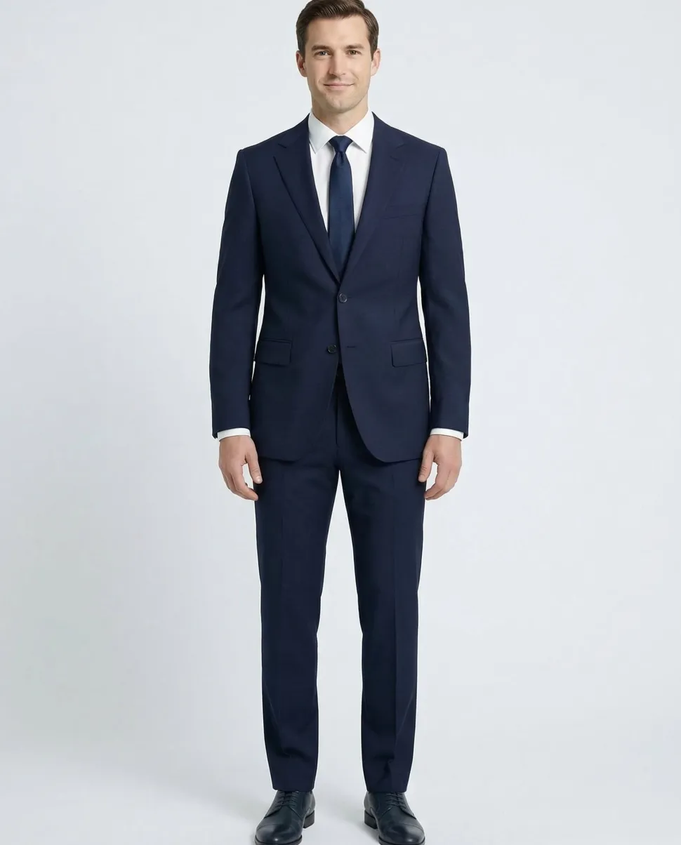 Centrion Mens Solid Navy Blue Fine Textured Weave Slim Fit Notch Lapels 2 Button Wool Suit