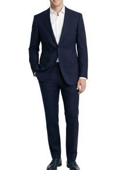 Centrion Mens Solid Navy Blue Fine Textured Weave Slim Fit Notch Lapels 2 Button Wool Suit