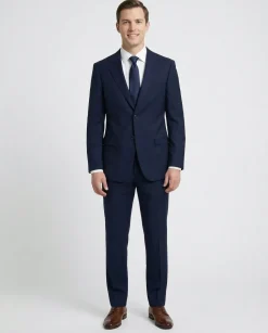 Centrion Mens Solid Navy Blue Fine Textured Weave Classic Fit Notch Lapels 2 Button Wool Suit