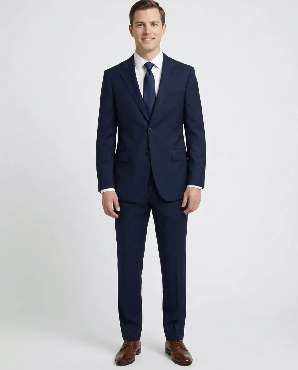 Centrion Mens Solid Navy Blue Fine Textured Weave Classic Fit Notch Lapels 2 Button Wool Suit