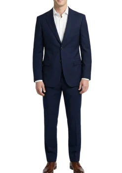 Centrion Mens Solid Navy Blue Fine Textured Weave Classic Fit Notch Lapels 2 Button Wool Suit