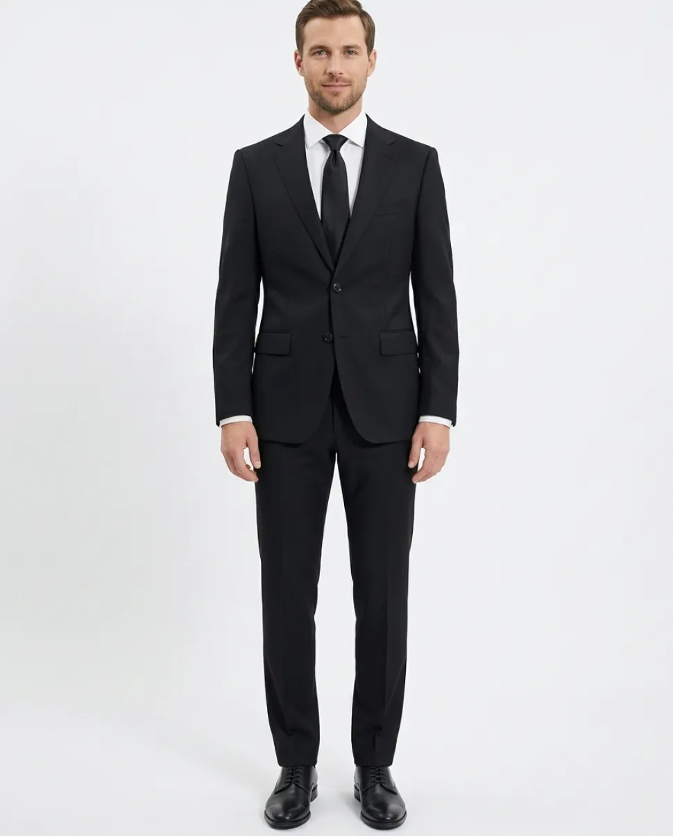 Centrion Mens Textured Black Classic Fit Wool Cashmere 2 Button Suit