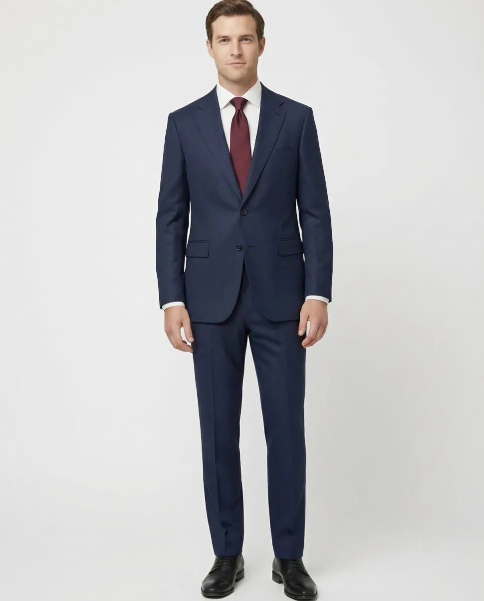 Centrion Mens Textured Navy Classic Fit Notch Lapels 2 Button Wool Suit