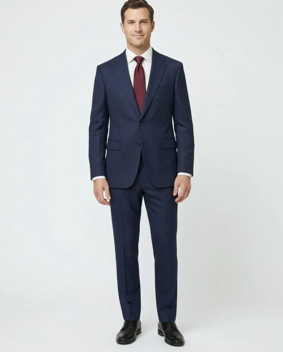 Centrion Mens Textured Navy Slim Fit Notch Lapels 2 Button Wool Suit
