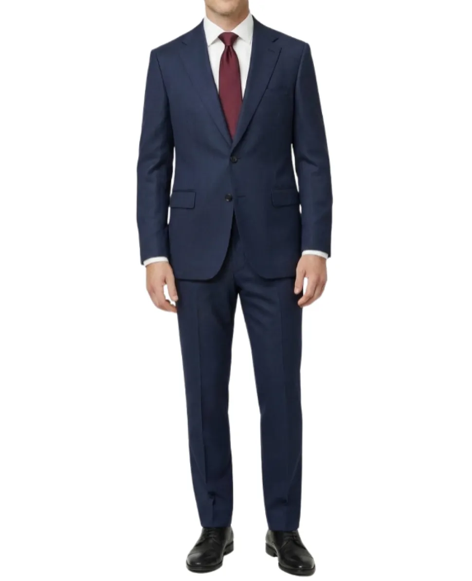 Centrion Mens Textured Navy Slim Fit Notch Lapels 2 Button Wool Suit