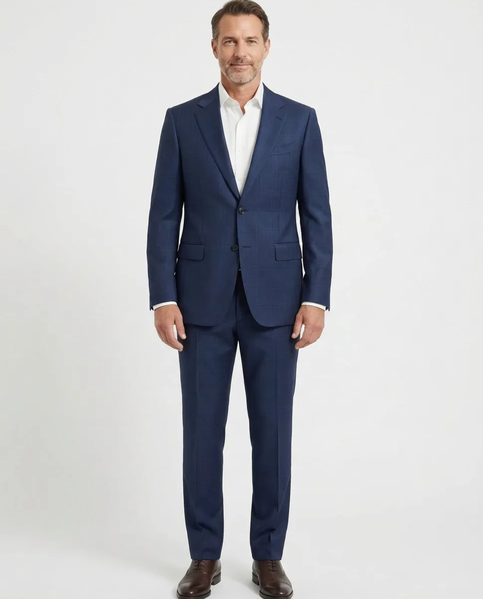 Centrion Mens Tonal Windowpane Navy Peak Lapels Classic Fit 2 Button Wool Suit