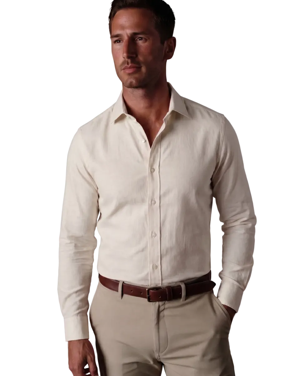 Christopher Morris Solid Cream Classic Fit Spread Collar Non-Iron Barrel Cuff Cotton Dress Shirt