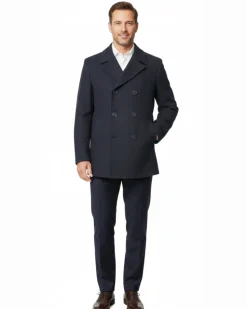 Cianni Mens Solid Navy Blue Double Breasted Wool Blend Peacoat Overcoat