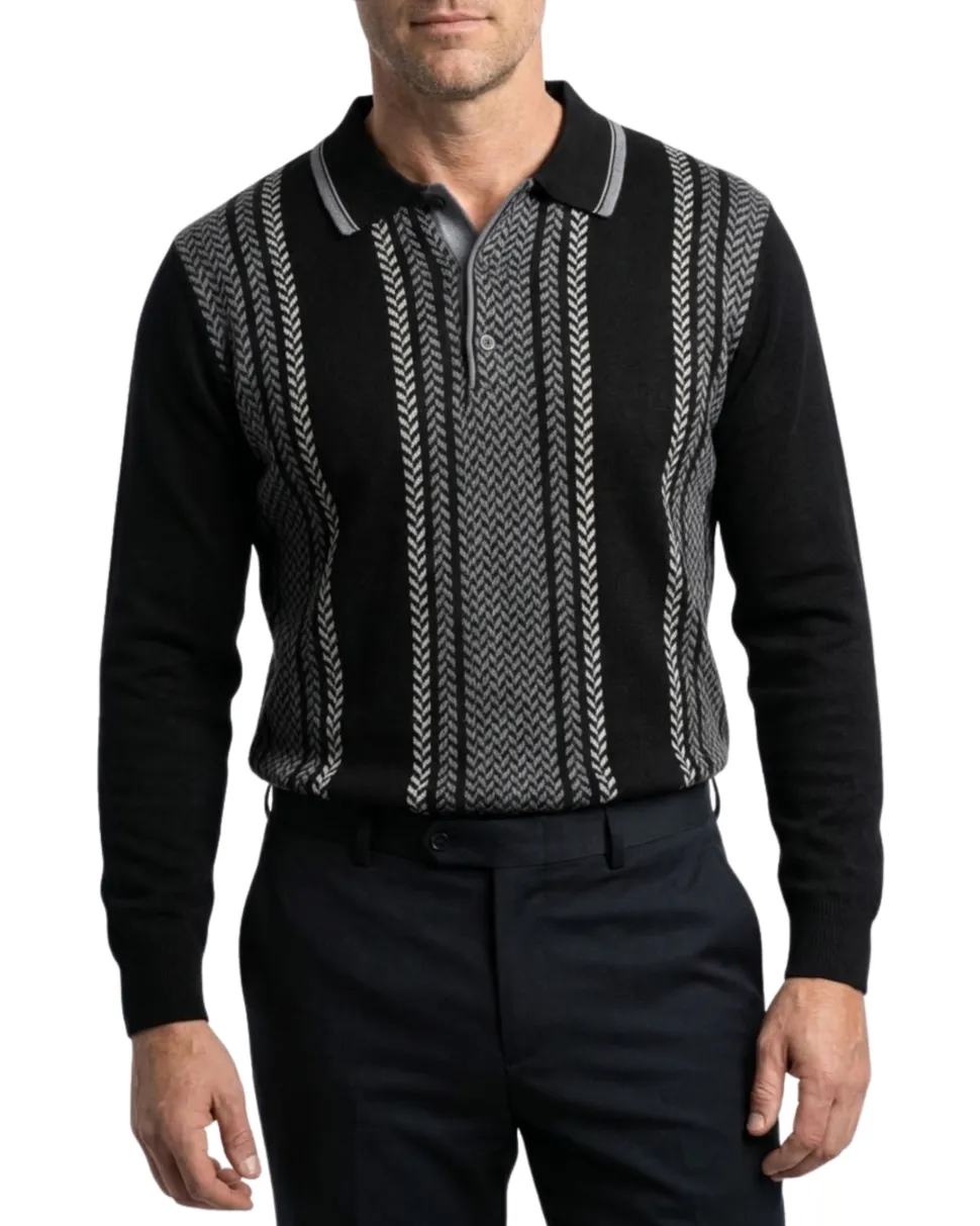 Cigar Couture Black Chevron Three Button Spread Collar Wool Blend Sweater