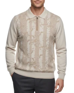 Cigar Couture Cream Baroque Scroll Quarter Zip Spread Collar Wool Blend Sweater