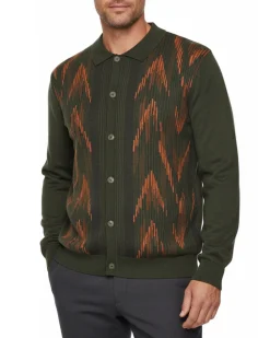 Cigar Couture Olive Arrow Jacquard Button Down Spread Collar Sweater