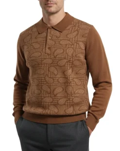 Cigar Couture Taupe Paisley Three Button Spread Collar Wool Blend Sweater