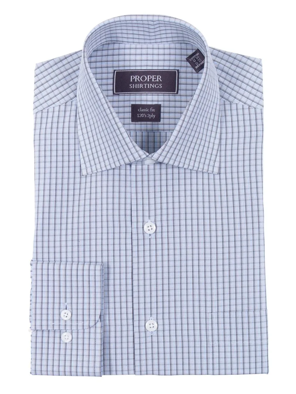 Classic Fit Black Blue Tan Plaid Spread Collar 2 Ply Cotton Dress Shirt