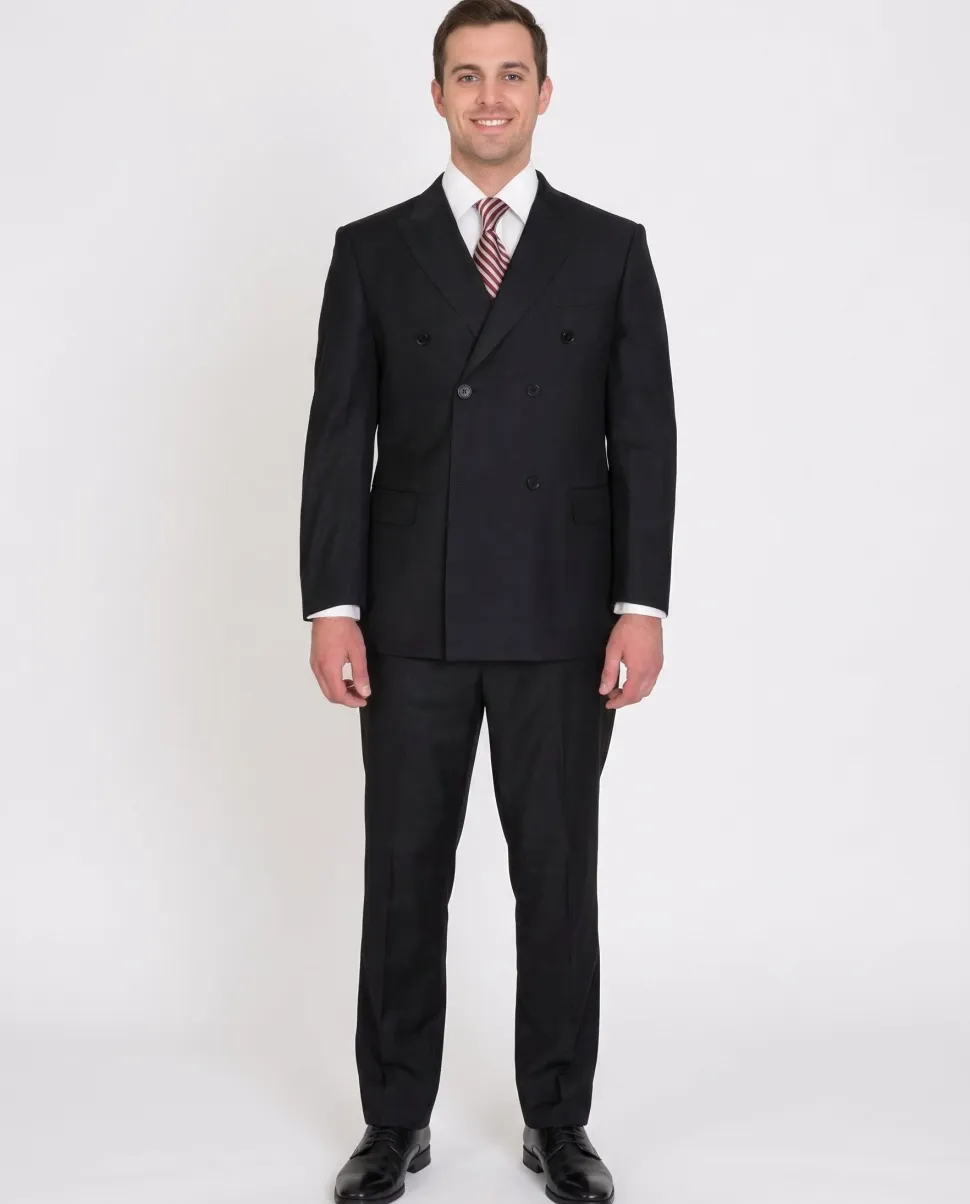 Classic Fit Double Breasted Solid Black Wool Suit