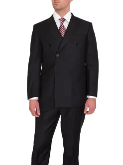 Classic Fit Double Breasted Solid Black Wool Suit