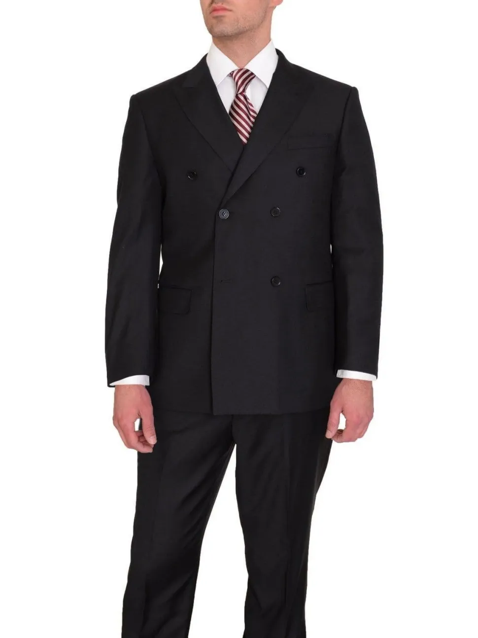 Classic Fit Double Breasted Solid Black Wool Suit