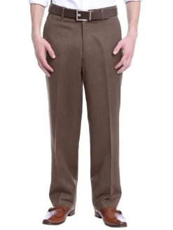 Classic Fit Solid Brown Flannel Flat Front Wool Dress Pants