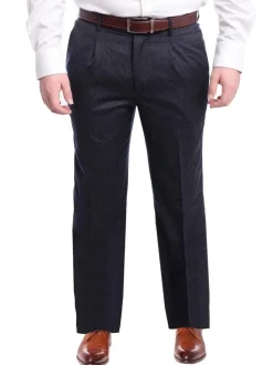 Classic Fit Solid Navy Single Pleated Wool Dress Pants