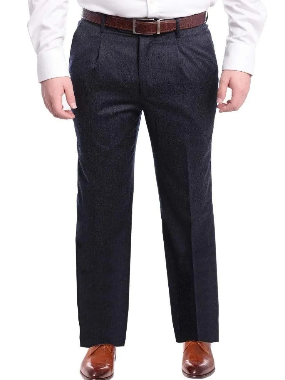 Classic Fit Solid Navy Single Pleated Wool Dress Pants