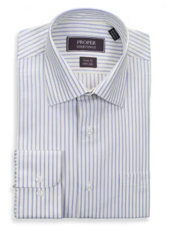 Classic Fit Yellow Blue Striped Spread Collar 120's Cotton Dress Shirt