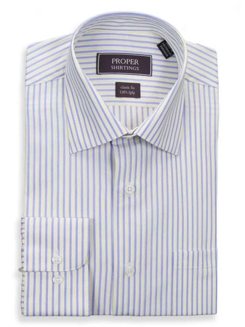 Classic Fit Yellow Blue Striped Spread Collar 120's Cotton Dress Shirt