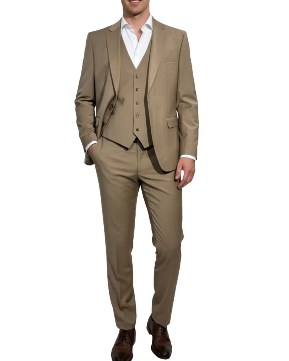 Cleo Luxor Desert Beige Regular Fit Wool Stretch 3 Piece Suit