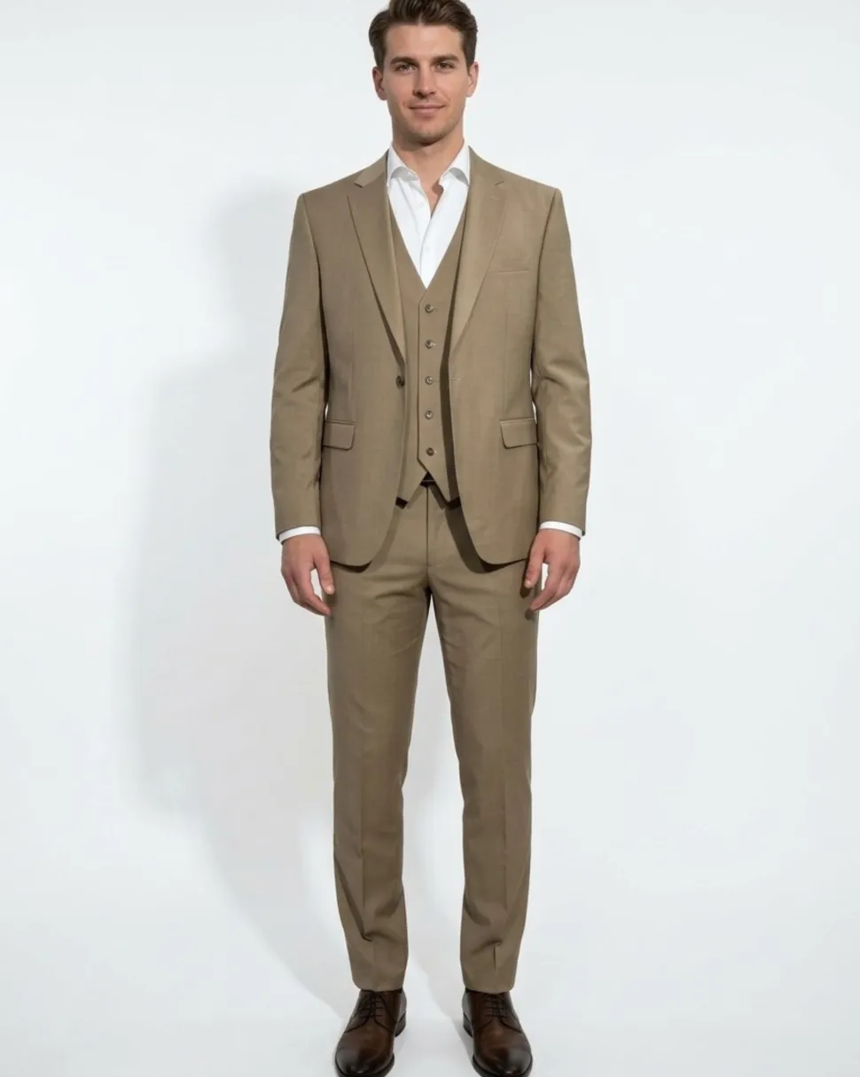 Cleo Luxor Desert Beige Regular Fit Wool Stretch 3 Piece Suit