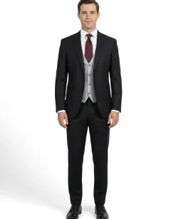 Corneliani Mens Black and Silver Mixed Pattern Fully-Canvassed Peak Lapel Classic Fit 3-Piece Wool Blend Suit - 40R