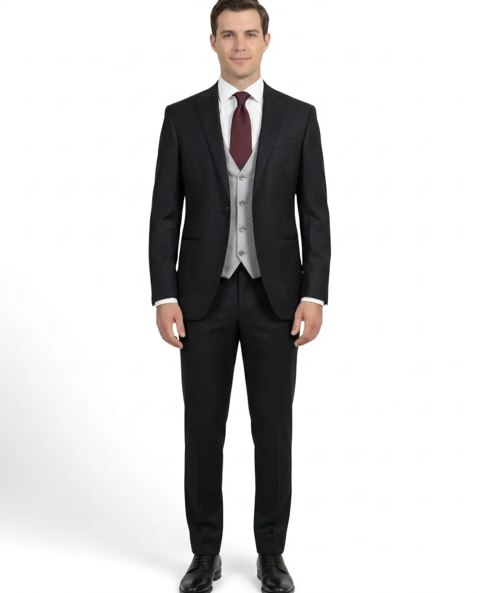 Corneliani Mens Black and Silver Mixed Pattern Fully-Canvassed Peak Lapel Classic Fit 3-Piece Wool Blend Suit - 40R