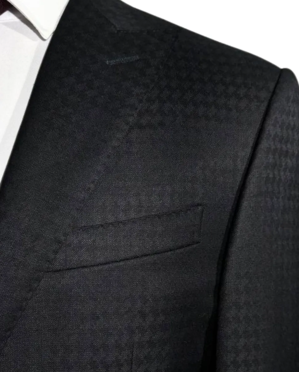 Corneliani Mens Black and Silver Mixed Pattern Fully-Canvassed Peak Lapel Classic Fit 3-Piece Wool Blend Suit - 40R