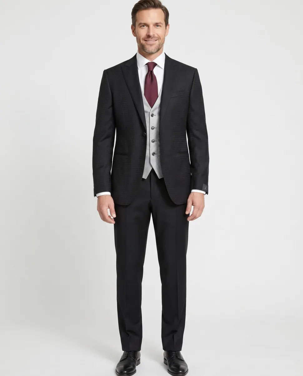 Corneliani Mens Black and Silver Mixed Pattern Fully-Canvassed Peak Lapel Classic Fit 3-Piece Wool Blend Suit - 40R