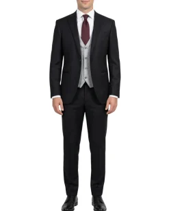 Corneliani Mens Black and Silver Mixed Pattern Fully-Canvassed Peak Lapel Classic Fit 3-Piece Wool Blend Suit - 40R