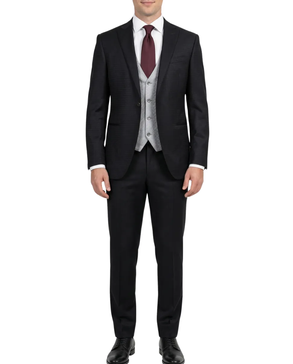 Corneliani Mens Black and Silver Mixed Pattern Fully-Canvassed Peak Lapel Classic Fit 3-Piece Wool Blend Suit - 40R