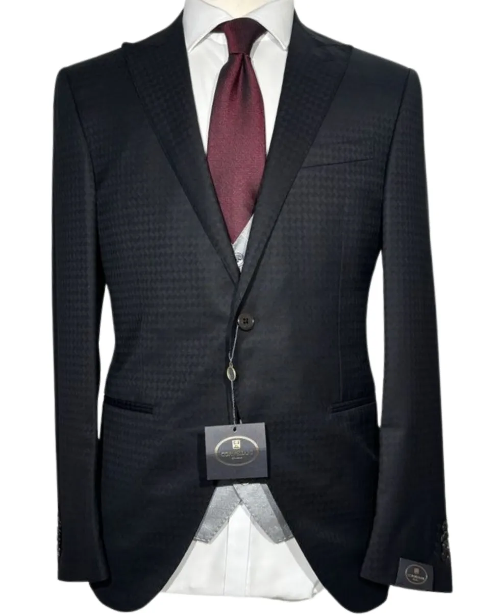 Corneliani Mens Black and Silver Mixed Pattern Fully-Canvassed Peak Lapel Classic Fit 3-Piece Wool Blend Suit - 40R