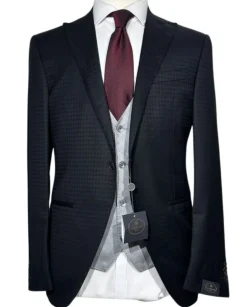Corneliani Mens Black and Silver Mixed Pattern Fully-Canvassed Peak Lapel Classic Fit 3-Piece Wool Blend Suit - 40R