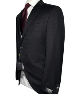 Corneliani Mens Black and Silver Mixed Pattern Fully-Canvassed Peak Lapel Classic Fit 3-Piece Wool Blend Suit - 40R