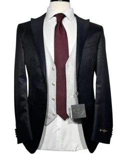 Corneliani Mens Black and White Mixed Pattern Fully-Canvassed Peak Lapel Slim Fit 3-Piece Wool Blend Suit - 36S