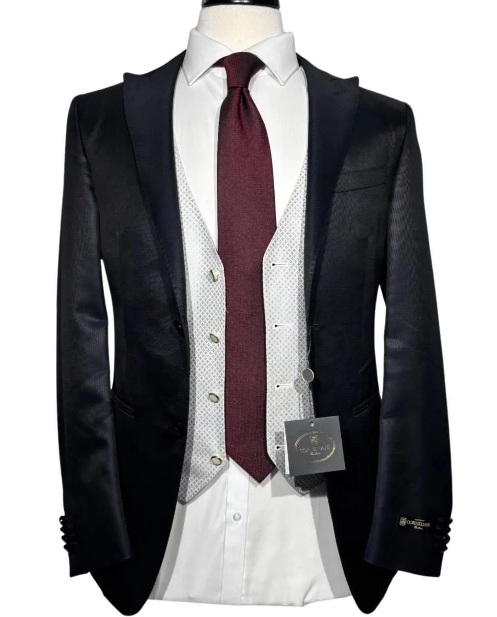 Corneliani Mens Black and White Mixed Pattern Fully-Canvassed Peak Lapel Slim Fit 3-Piece Wool Blend Suit - 36S