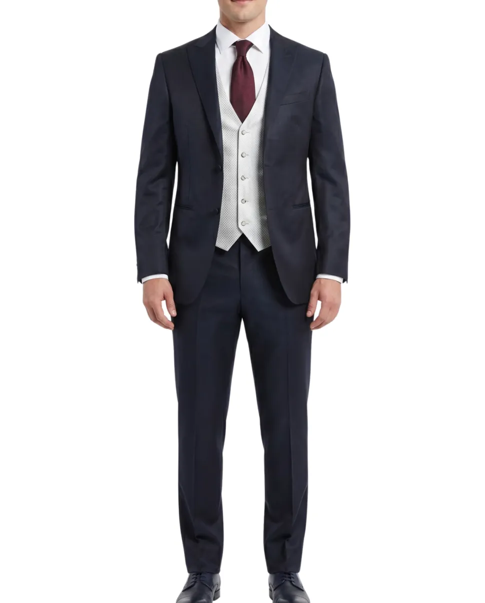 Corneliani Mens Black and White Mixed Pattern Fully-Canvassed Peak Lapel Slim Fit 3-Piece Wool Blend Suit - 36S