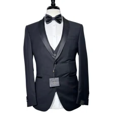 Corneliani Mens Black Mixed Pattern Fully-Canvassed Shawl Lapel Slim Fit 3-Piece Wool Tuxedo - 42R