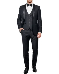Corneliani Mens Black Mixed Pattern Fully-Canvassed Shawl Lapel Slim Fit 3-Piece Wool Tuxedo - 42R