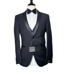 Corneliani Mens Black Mixed Pattern Fully-Canvassed Shawl Lapel Slim Fit 3-Piece Wool Tuxedo - 38R
