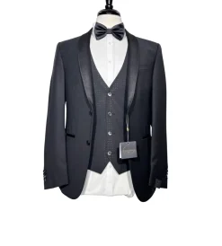 Corneliani Mens Black Mixed Pattern Fully-Canvassed Shawl Lapel Slim Fit 3-Piece Wool Tuxedo - 38R