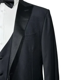 Corneliani Mens Black Textured Fully-Canvassed Peak Lapel Slim Fit 3-Piece Wool Tuxedo - 40R