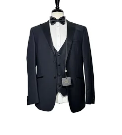 Corneliani Mens Black Textured Fully-Canvassed Peak Lapel Slim Fit 3-Piece Wool Tuxedo - 40R