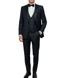Corneliani Mens Black Textured Fully-Canvassed Peak Lapel Slim Fit 3-Piece Wool Tuxedo - 40R