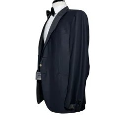 Corneliani Mens Black Textured Fully-Canvassed Peak Lapel Slim Fit 3-Piece Wool Tuxedo - 40R