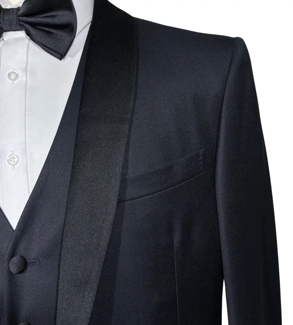 Corneliani Mens Black Textured Fully-Canvassed Shawl Lapel Classic Fit 3-Piece Wool Tuxedo - 40R