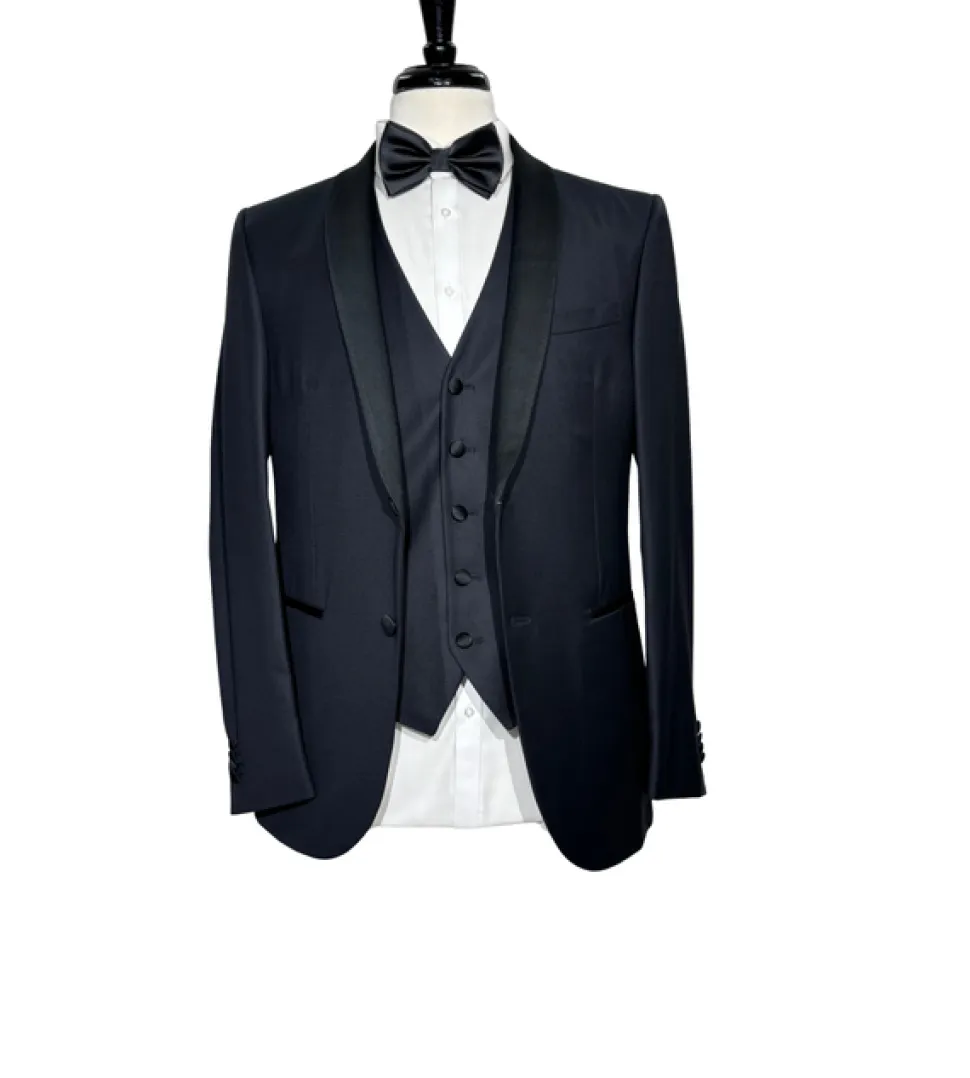 Corneliani Mens Black Textured Fully-Canvassed Shawl Lapel Classic Fit 3-Piece Wool Tuxedo - 40R